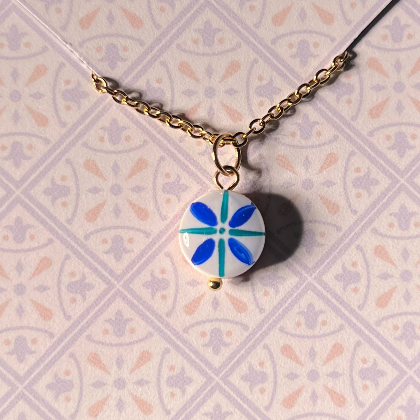 Collana Color Oro con Micro Maiolica Tonda Blu Verde